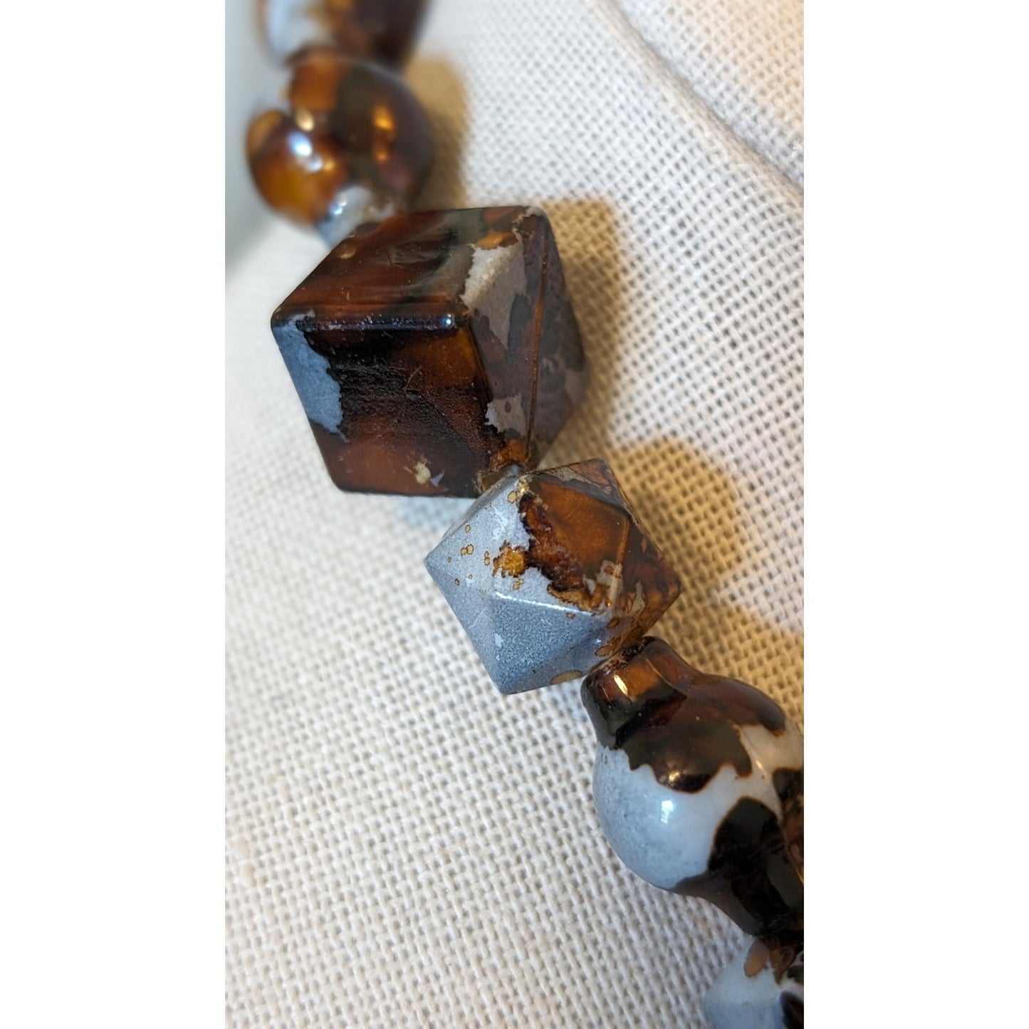 Unique Multi-Shape Gray Brown Mottled Beaded Toggle Clasp Statement Necklace