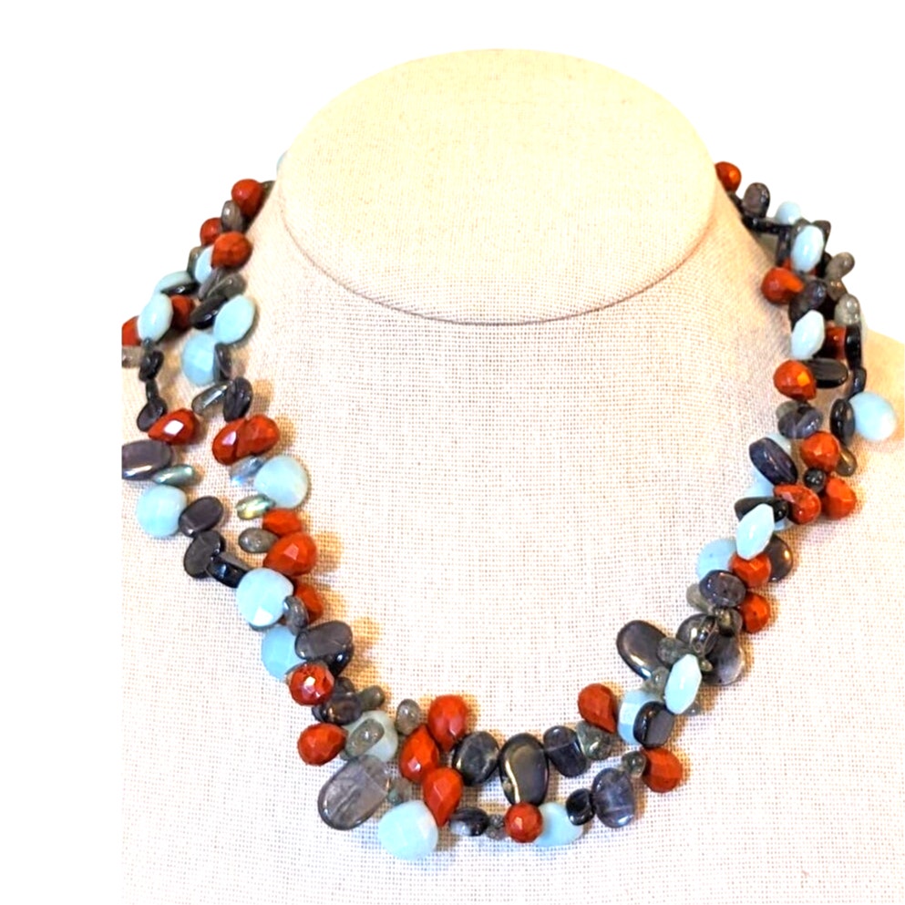 Genuine Faceted Stone Double Strand Bead Sterling Silver Necklace