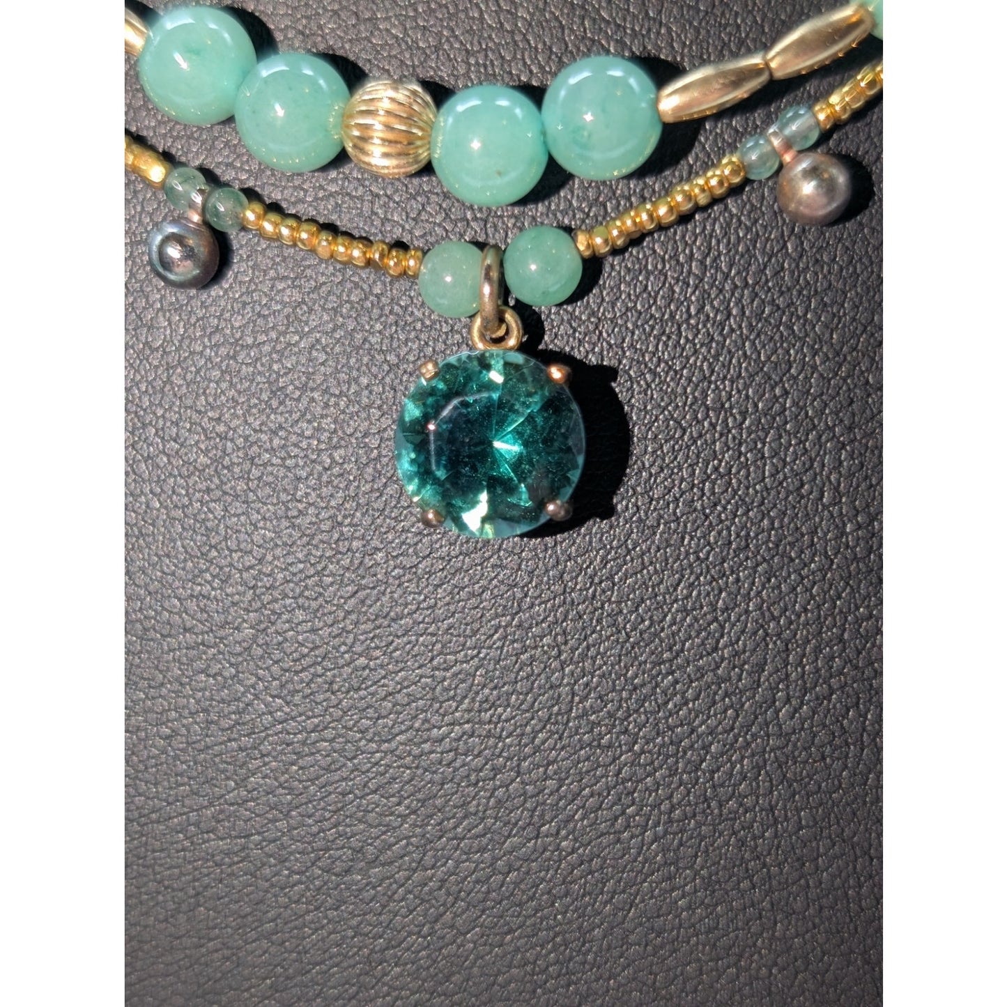 Two Green Gemstone Gold Bead Necklaces