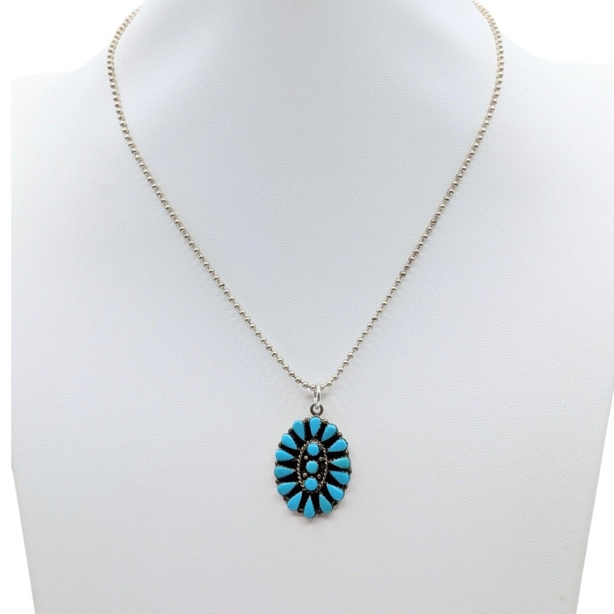 Vtg Zuni Turquoise Needlepoint Petit Point Sterling Pendant Ball Chain Necklace