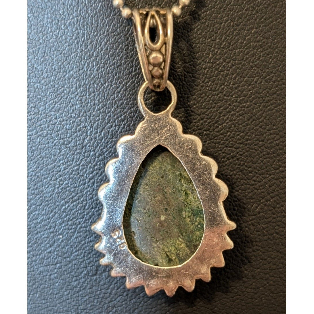 Vintage Chrysocolla 925 Sterling Silver Pendant on Bead Ball Chain Marked 925