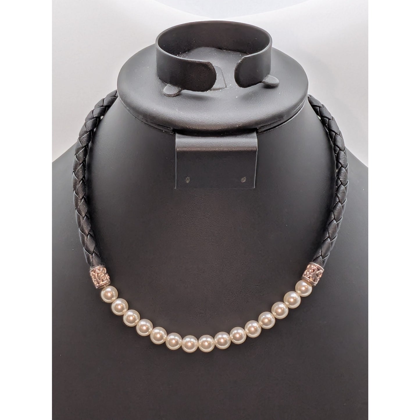 Braided Black Leather Faux Pearl & Sterling Silver Choker 17.25" Necklace
