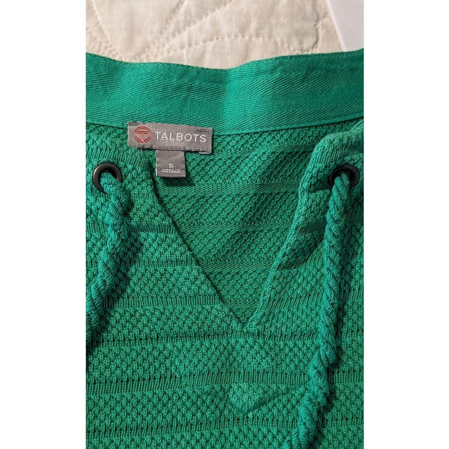 Talbots Green Textured Cotton Pullover V-Neck Tie Top Womens Sz S