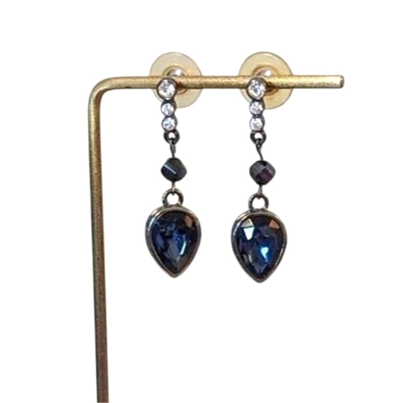 Vera Wang Blue Crystal and Rhinestone Dangle Post Gun Metal Earrings