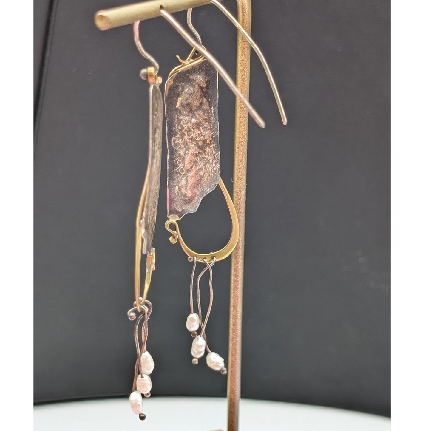 Vtg Sterling Brass Carnelian Stone & Freshwater Pearl Dangle Artisan Earrings