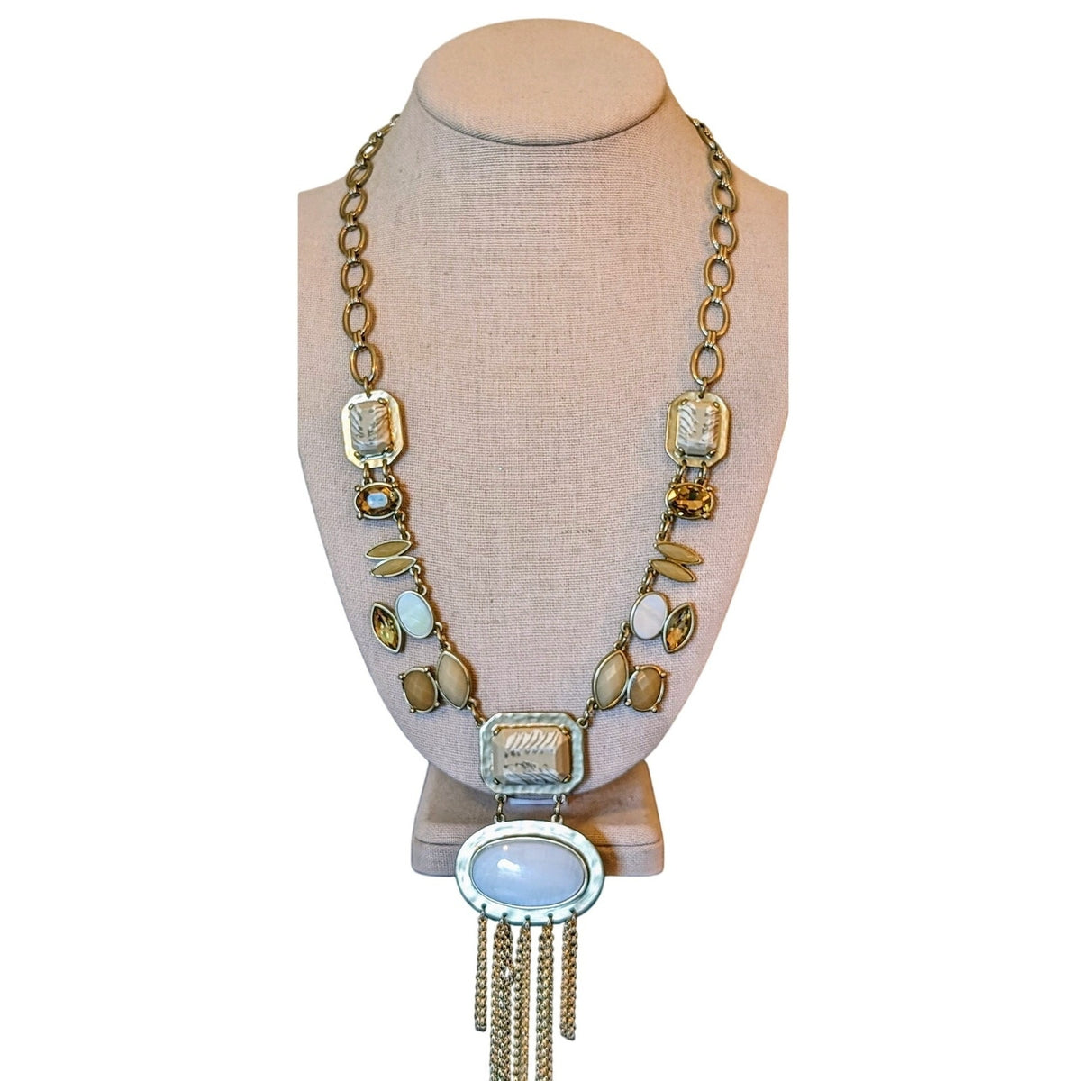 Vintage Signed Chico's Neutral Chunky Chain, Stone Fringe Statement Necklace