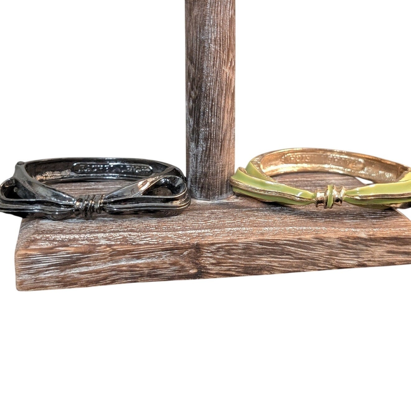 Vintage Rachel Leigh Gunmetal Gray & Lime Green Enamel Gold Tone Hinge Bow Cuffs