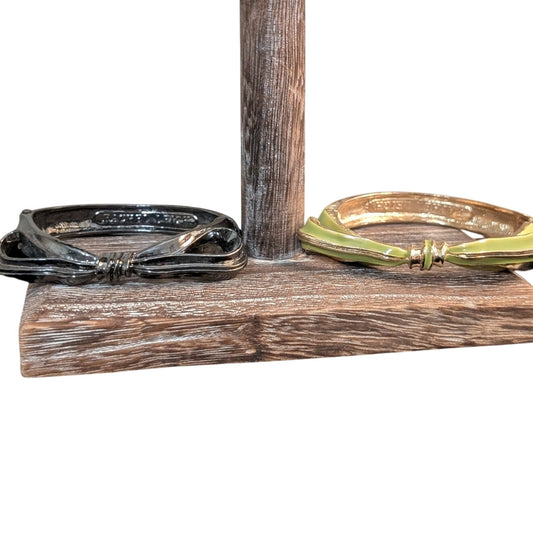 Vintage Rachel Leigh Gunmetal Gray & Lime Green Enamel Gold Tone Hinge Bow Cuffs