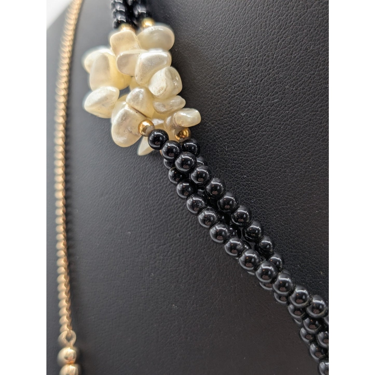3 Piece Lot--Two Vintage Black Bead Gold Tone Necklaces & One Matching Bracelet