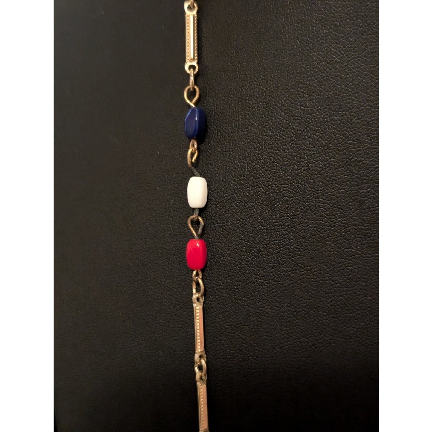 Vintage 70s Red White Blue Glass Bead Gold Tone Bar Link 44" Necklace