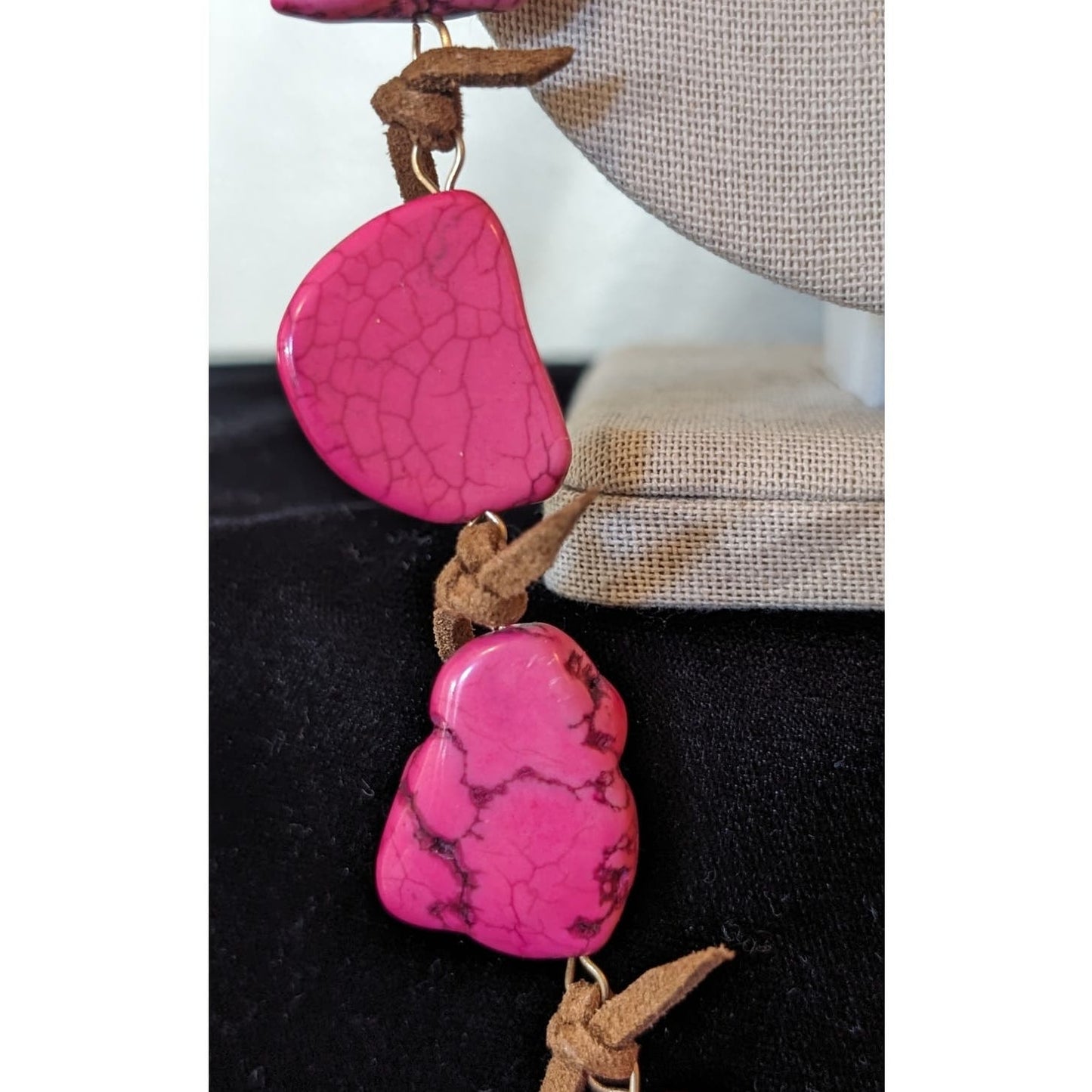 Pink Dyed Stone Necklace Strung Together w/ Rawhide Signed W