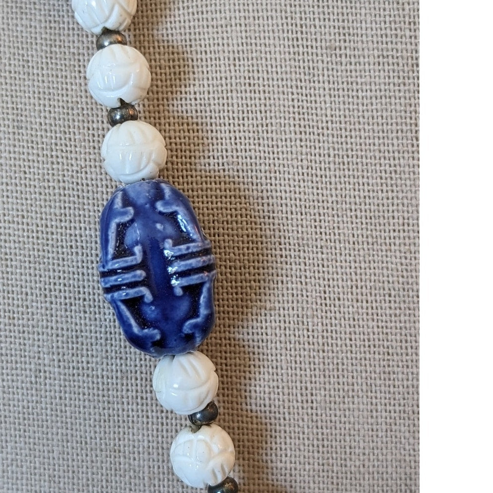 Asian Inspired Blue Ceramic Carved White Bead Necklace W/ Toggle Clasp