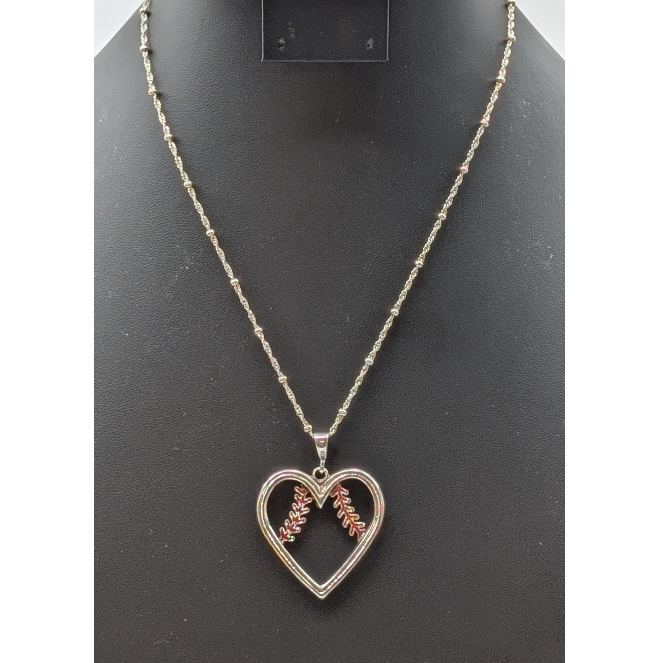 Large 925 Sterling Silver Red Enamel 'Baseball Heart' Pendant Chain Necklace