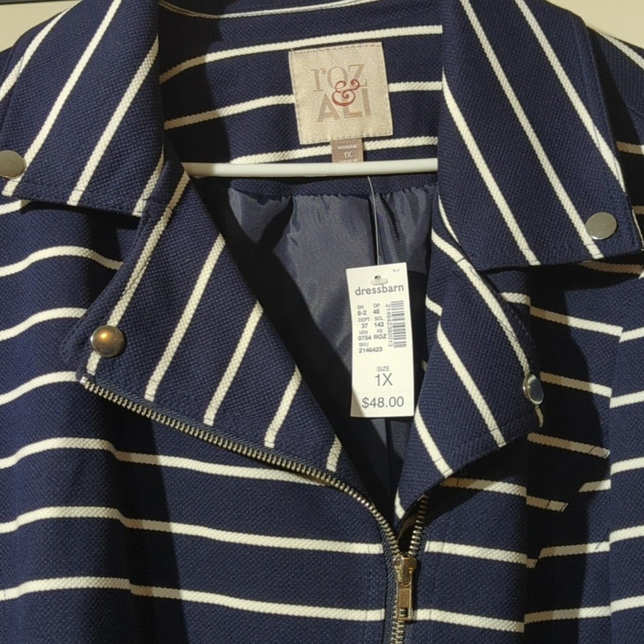 Roz & Ali NWT Navy Stripe Moto Fully Lined Stretch Jacket Women's Size 1X