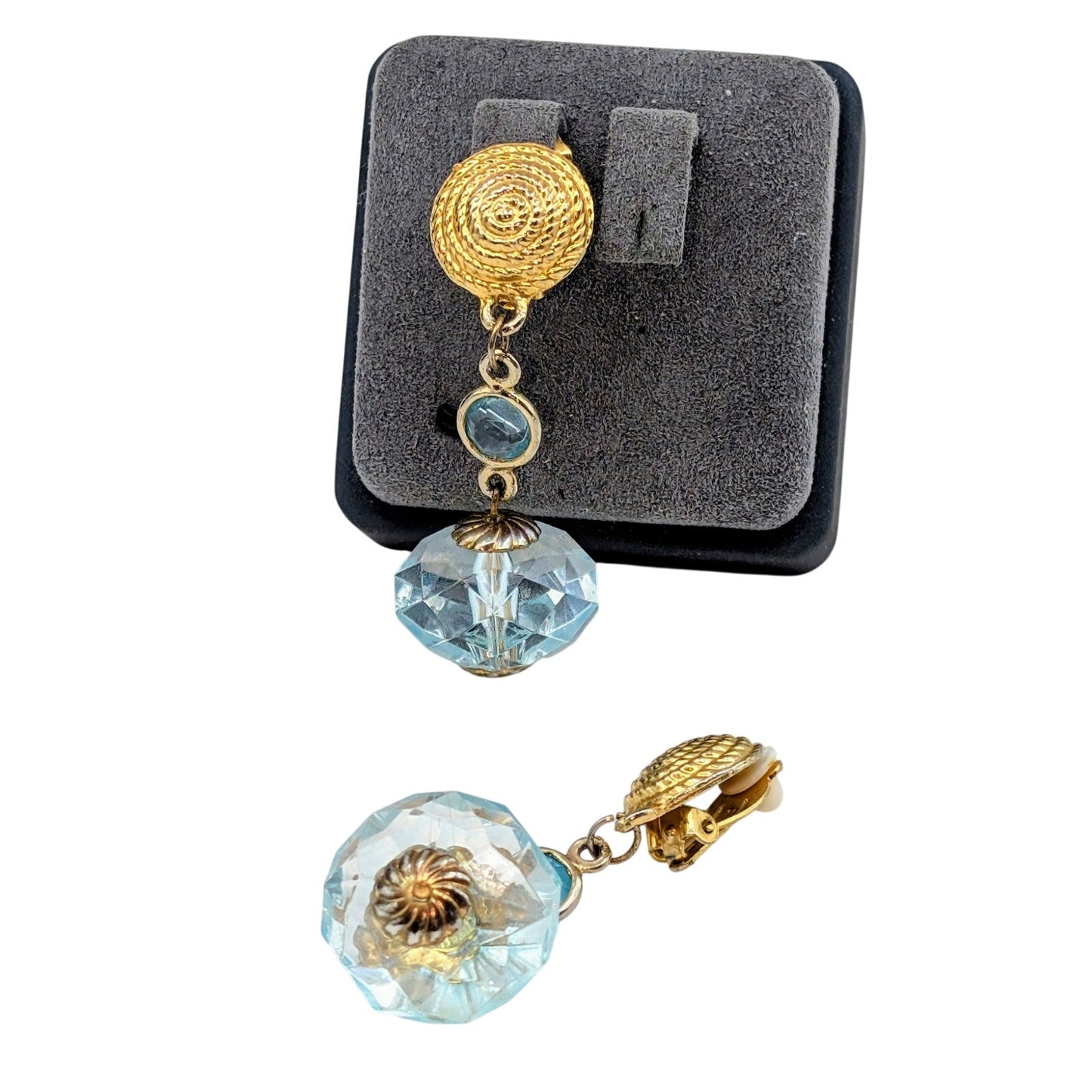 Vintage Light Blue Lucite Gold Tone Rope Design Clip On Dangle Earrings