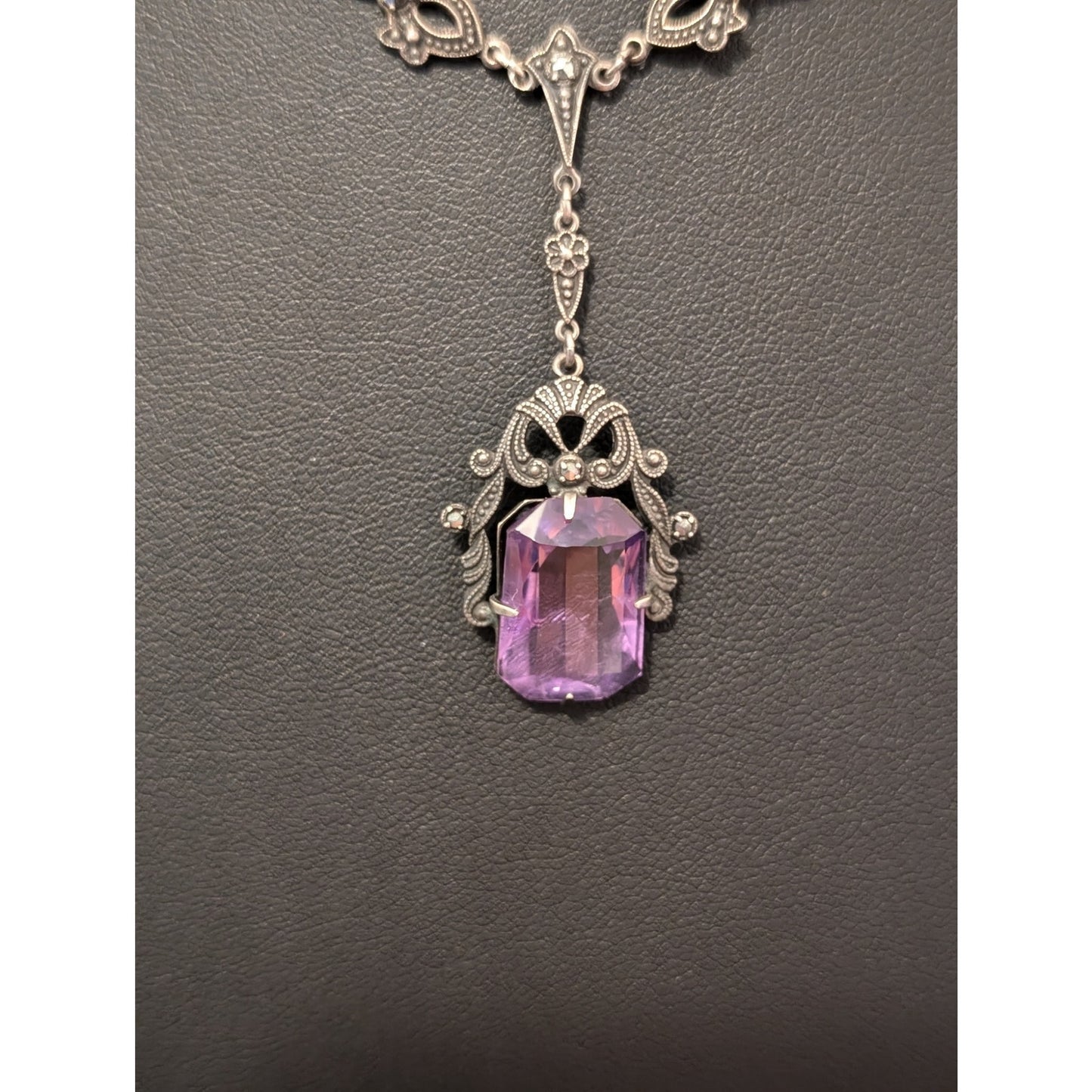 Antique Art Deco Sterling Amethyst Marcasite Filigree Pendant Paperclip Necklace