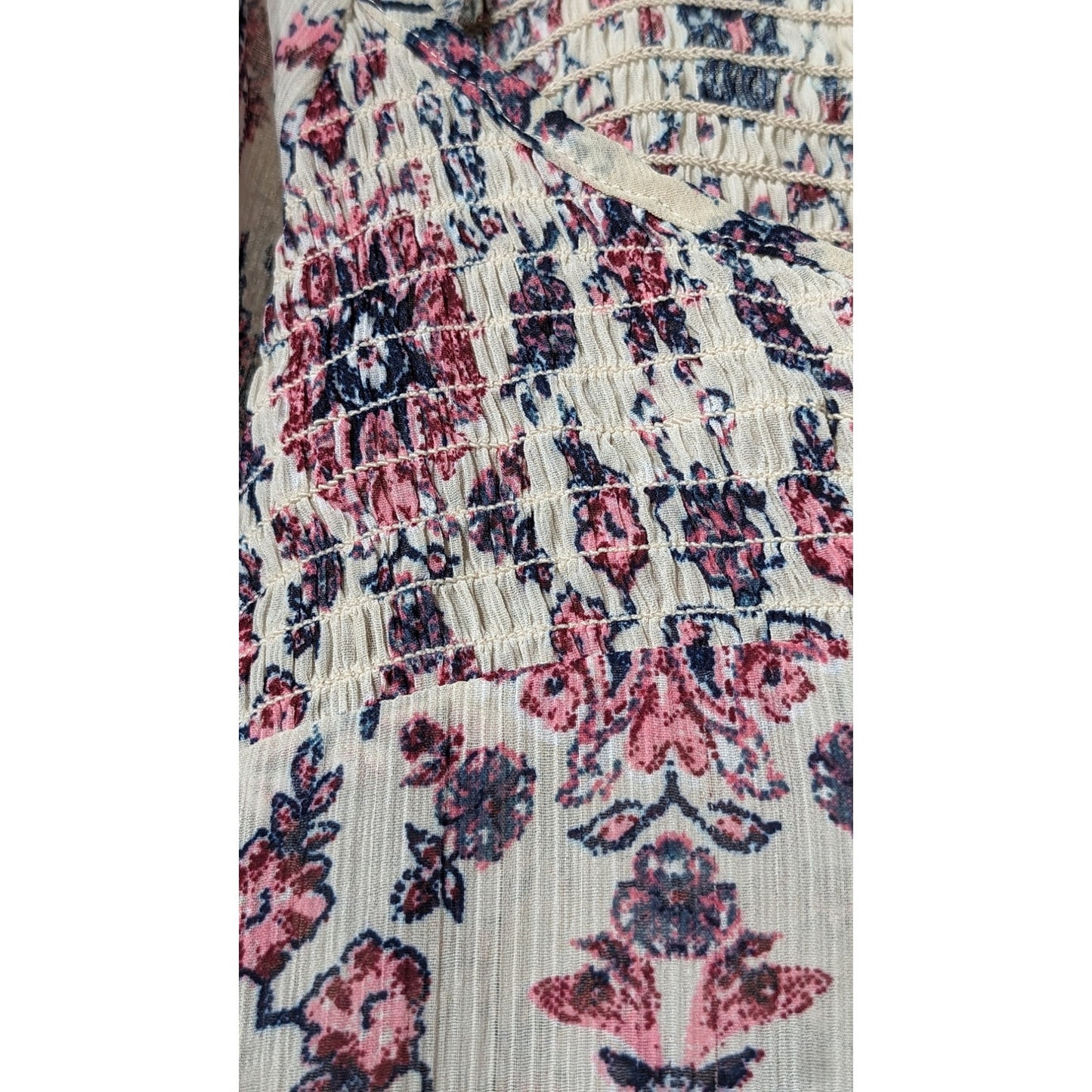 Sonoma Smock Tie Front 3/4 Elastic Sleeve Navy Pink Cream Floral Top Women Sz XL