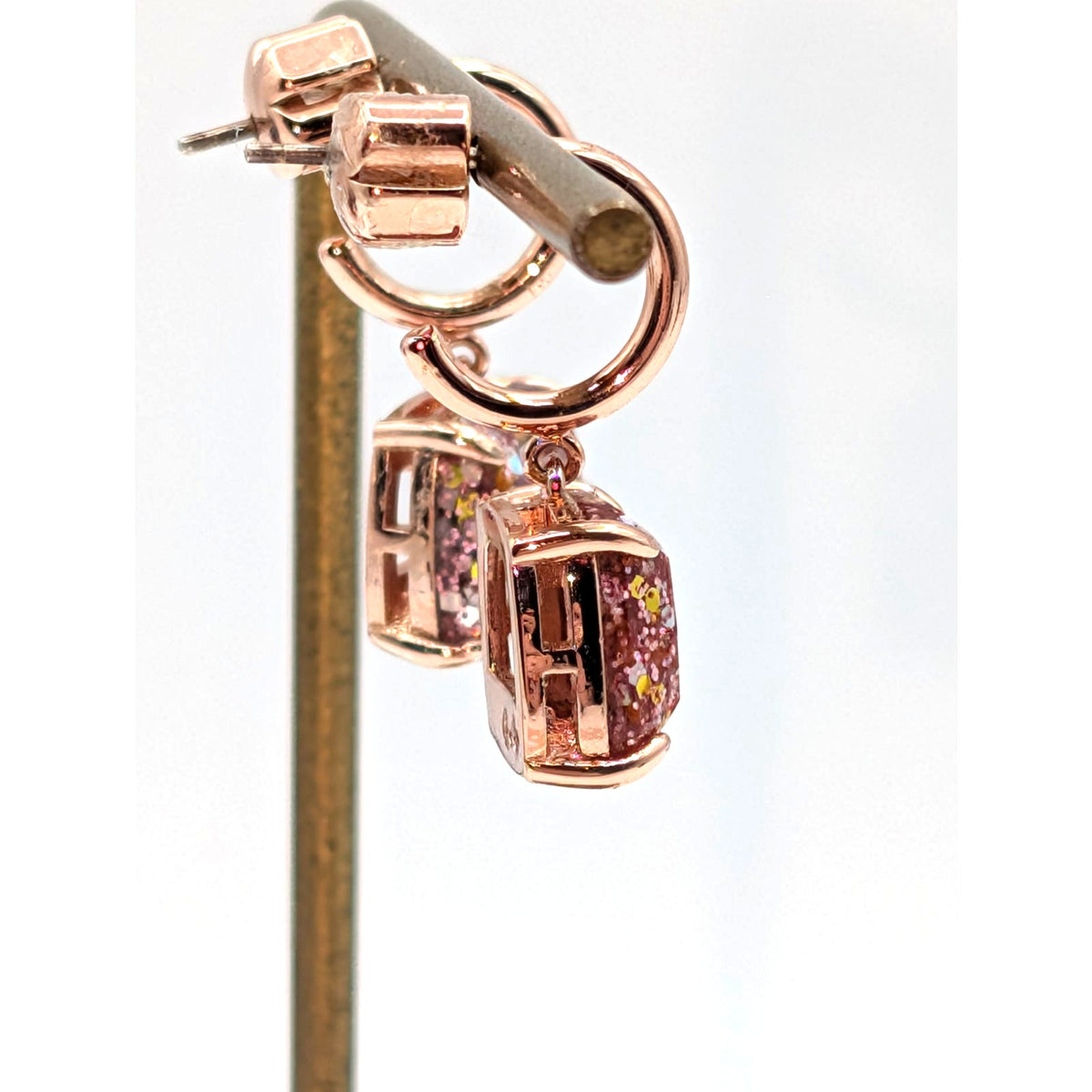 Kate Spade New York Rose Tone Gold Glitter Cushion Square Drop Huggie Earrings