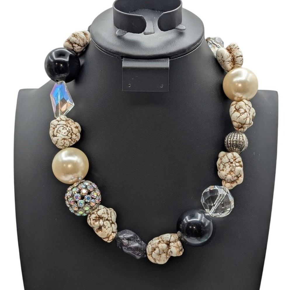 Extra Large Chunky Heavy Stone Glass Faux Pearl Rhinestone Ball 21.25" Necklace