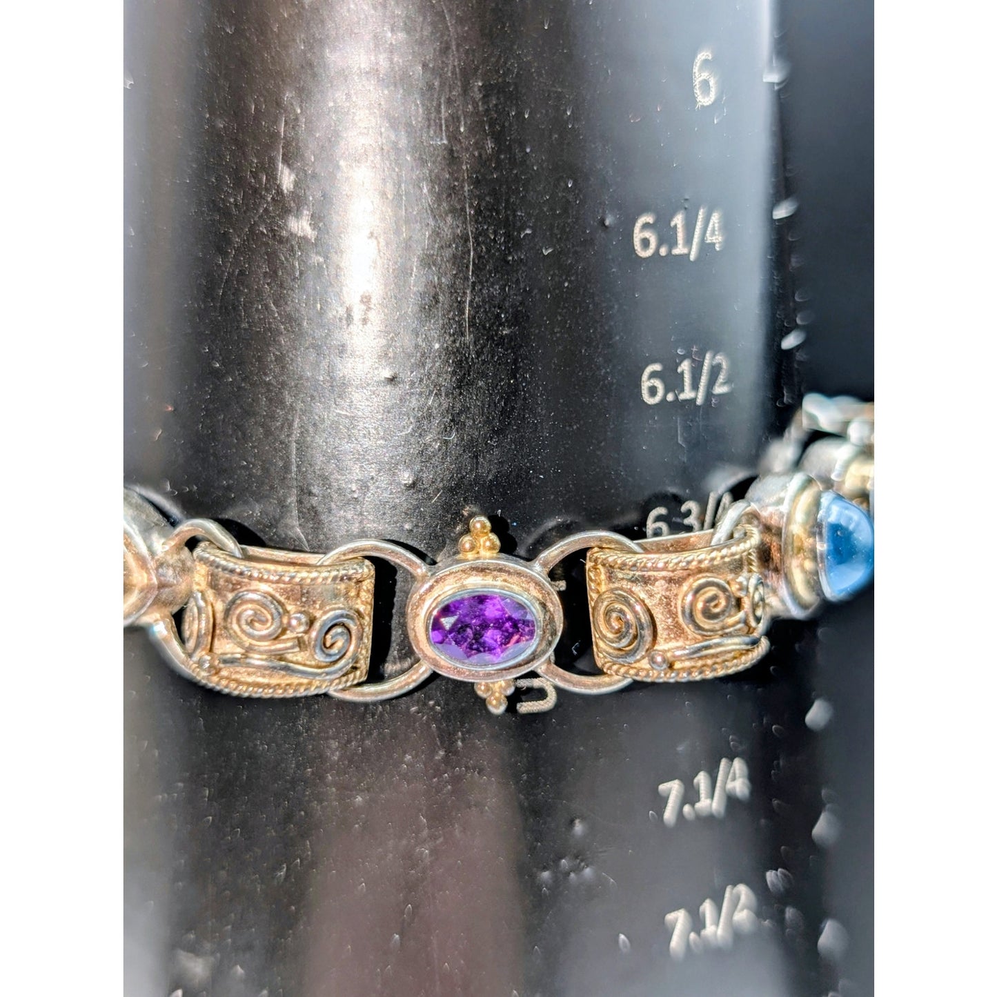 Vtg 925 Sterling Silver Blue & Purple Gemstone Etruscan Design Toggle Bracelet