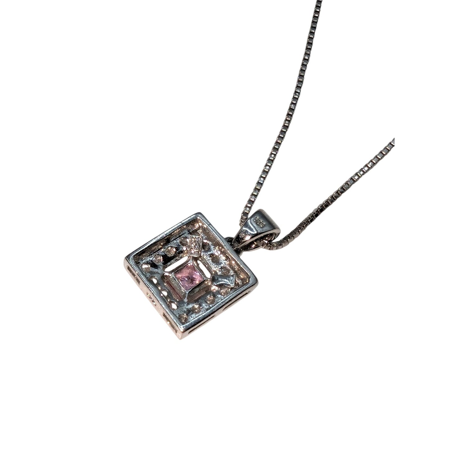 925 Sterling Silver Pink Square Crystal CZ Surround Square Pendant 18" Necklace
