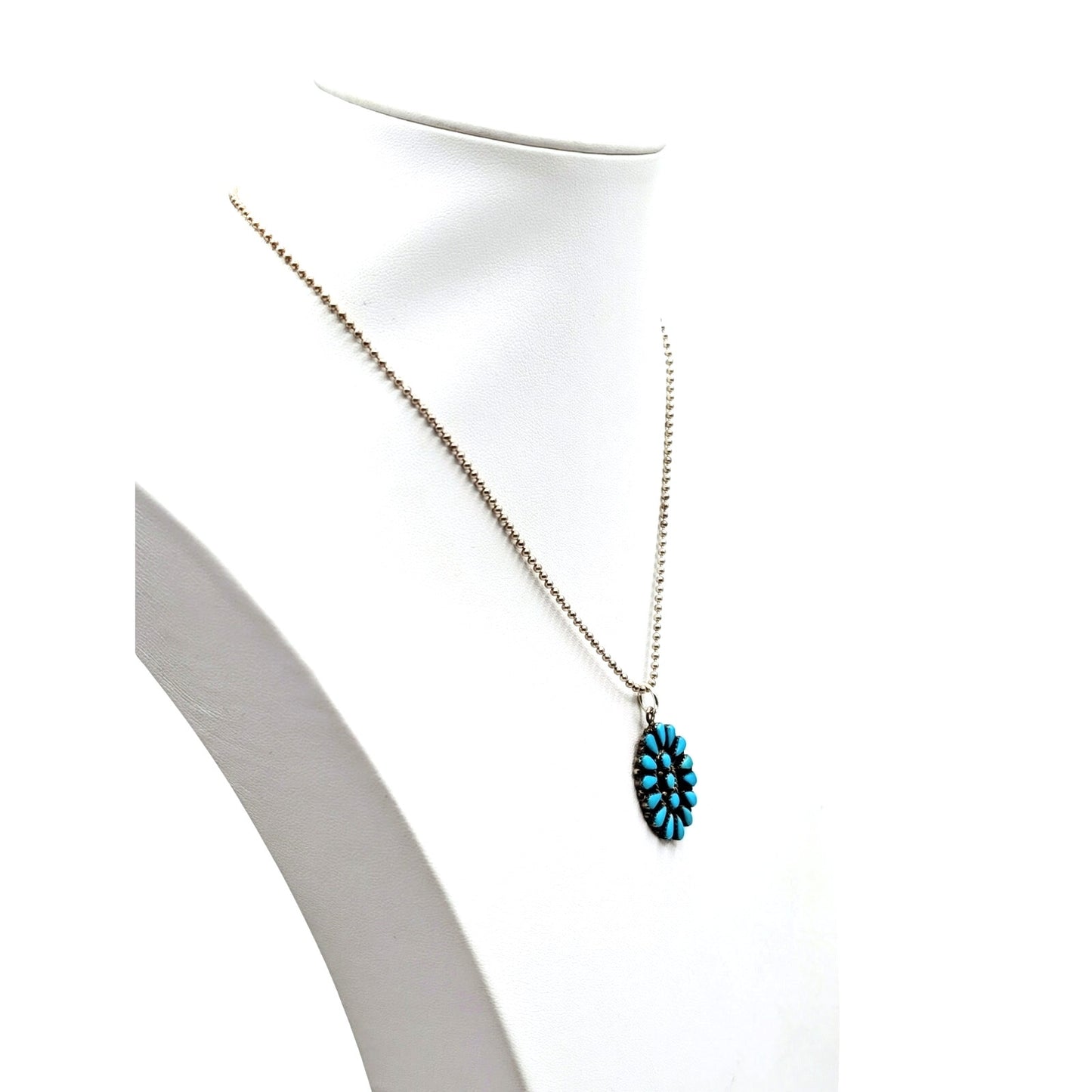 Vtg Zuni Turquoise Needlepoint Petit Point Sterling Pendant Ball Chain Necklace