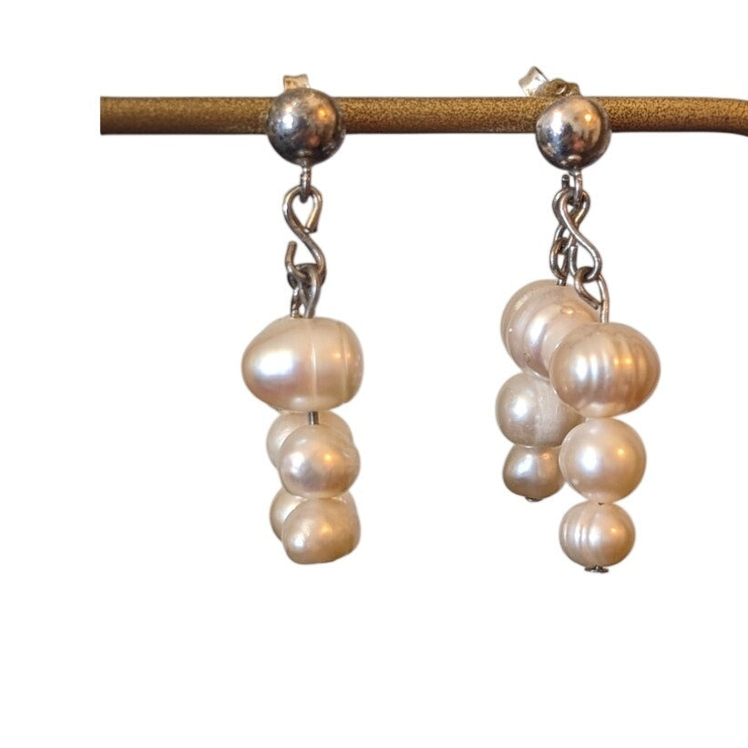 Double Dangle of Three Freshwater Potato Pearls on Sterling Silver Post Earrings