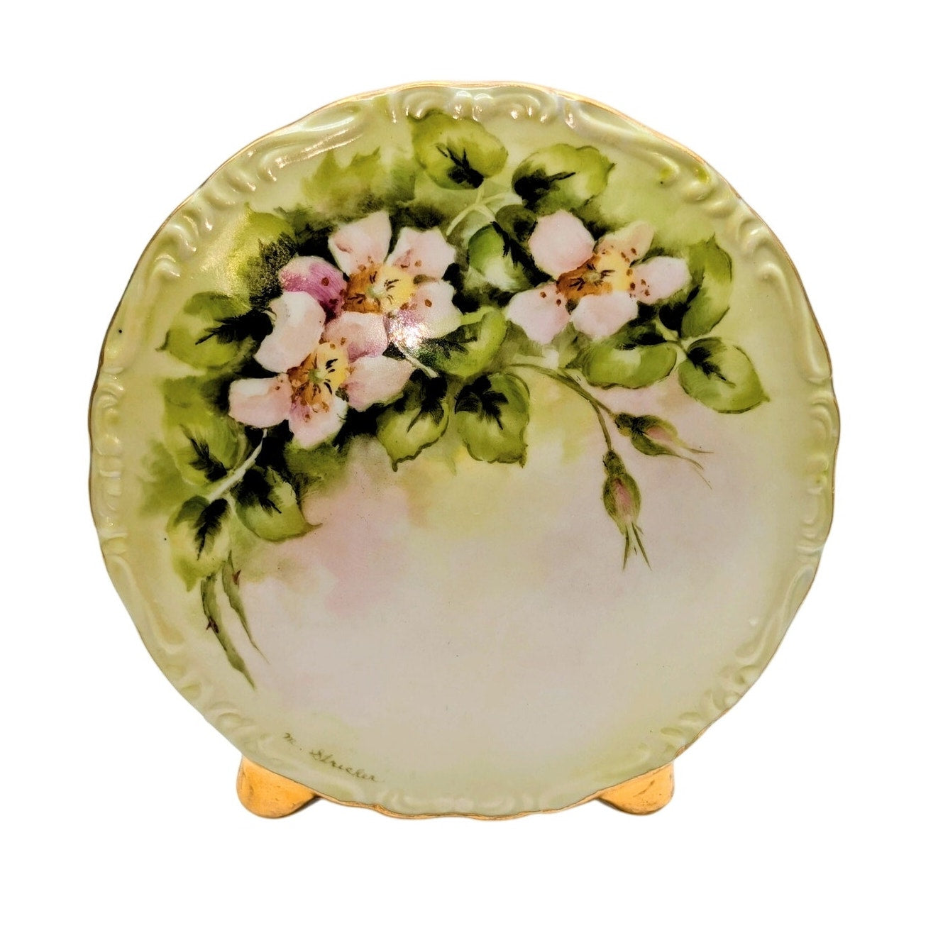 Vintage Signed M. Stricker Hand Painted Porcelain Gilt Edge Floral Pocket Vase