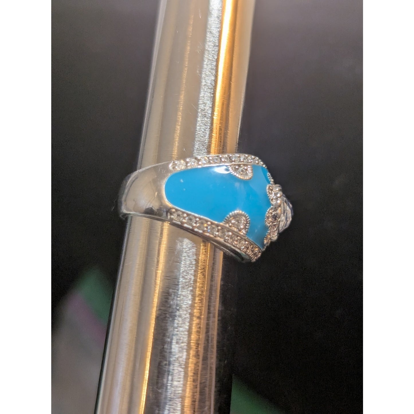 Judith Ripka Aqua Enamel Blue Spinel CZ 925 Sterling Cigar Band Ring Sz 5.75