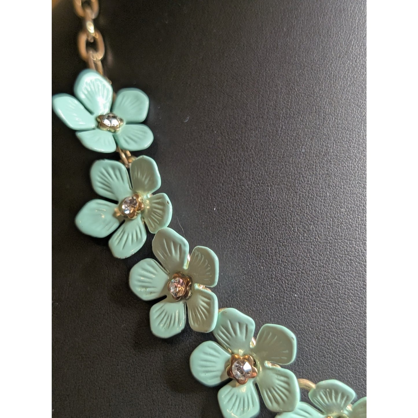 Aqua Enamel Rhinestone Center Flowers Paper Clip Chain Statement Necklace