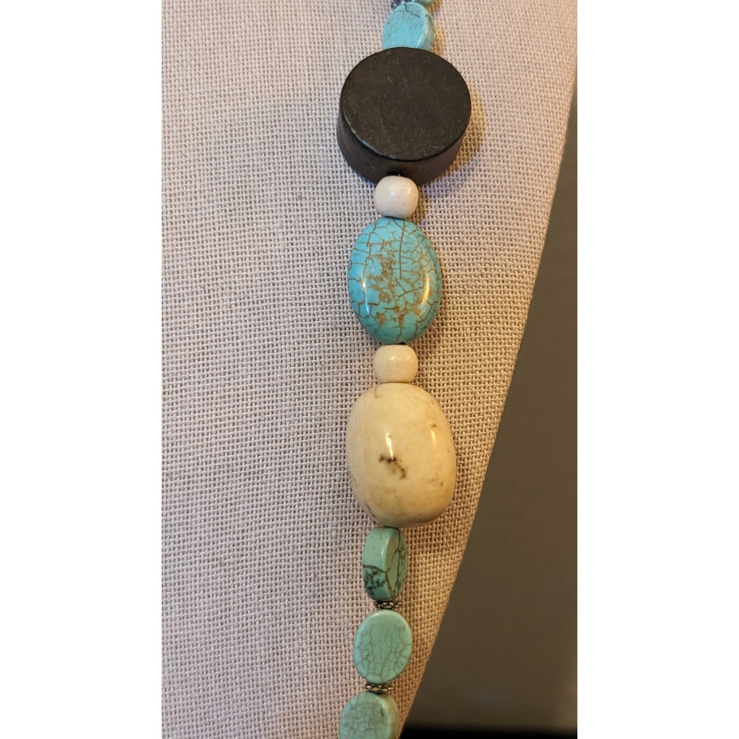 Round Wood Round Blue & Cream Howlite 36" Beaded Toggle Clasp Necklace