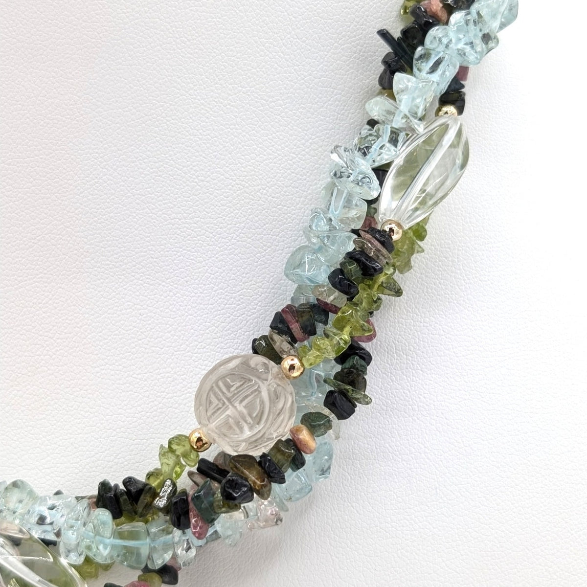 Torsade Strands Topaz Chip & Carved Peridot & Multi Gem Gold Tone Clasp Necklace