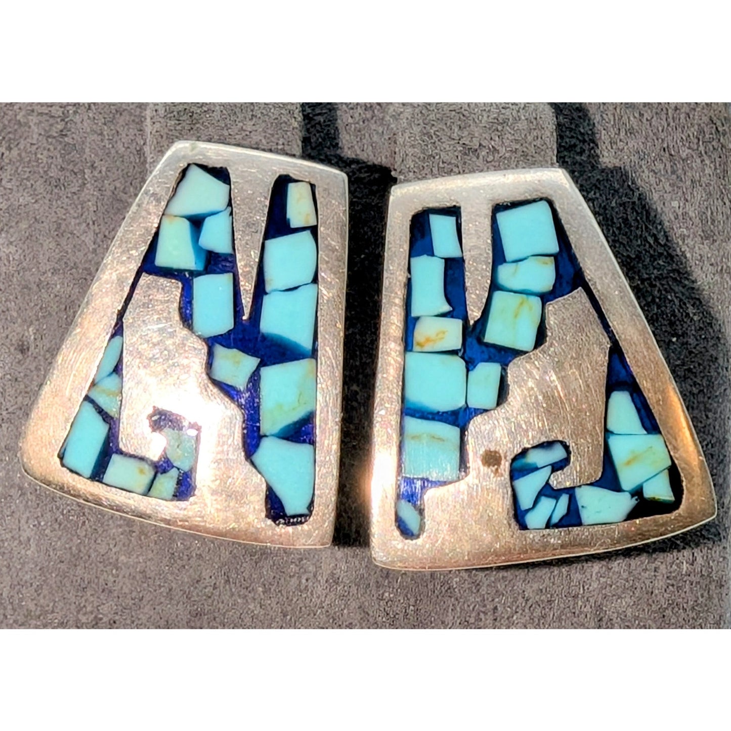 Vintage Taxco Mexico 925 Sterling Silver Turquoise Inlay Post Earrings 9.70g