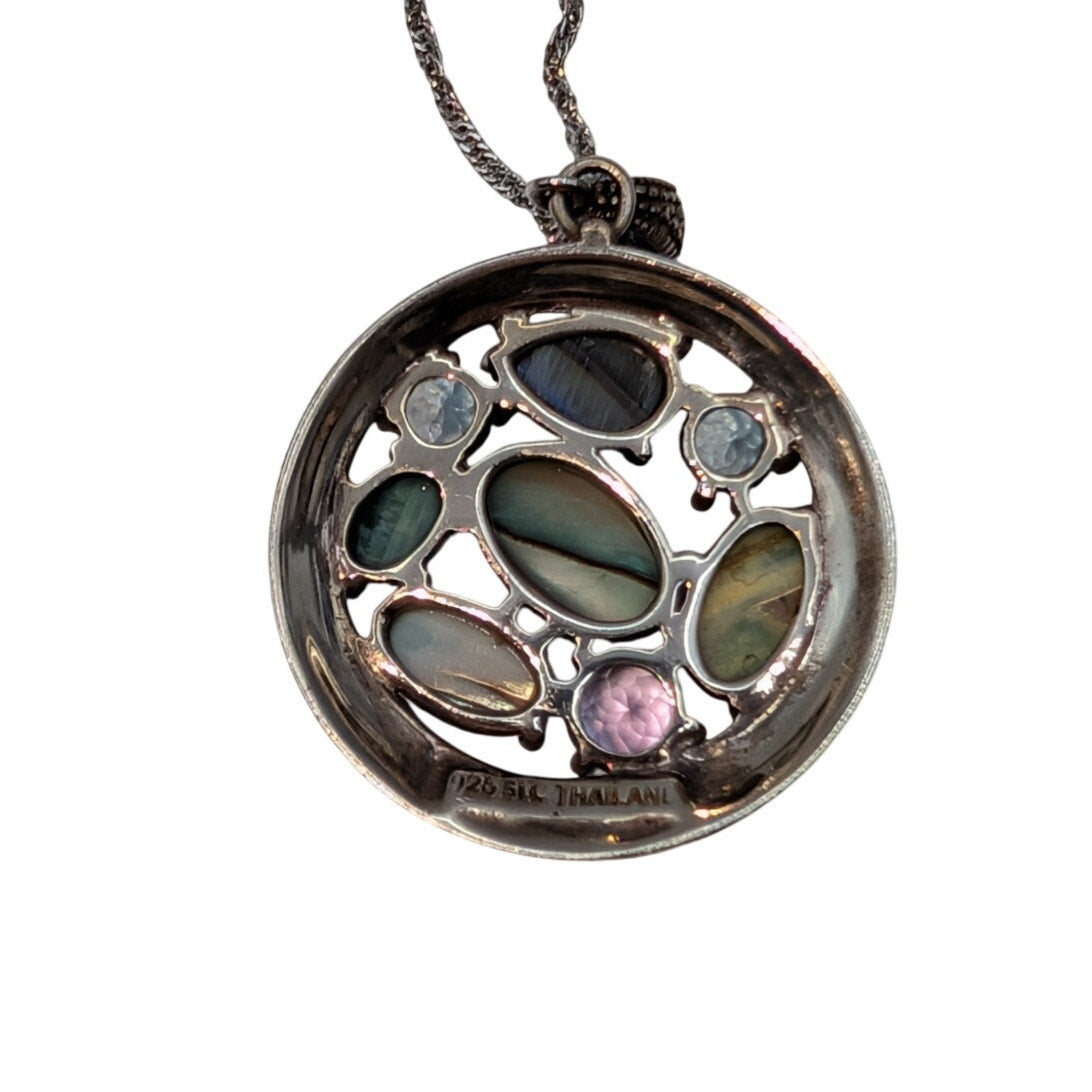 Vtg 925 Sterling Silver SLC Thailand Abalone Gemstone Marcasite Pendant Necklace