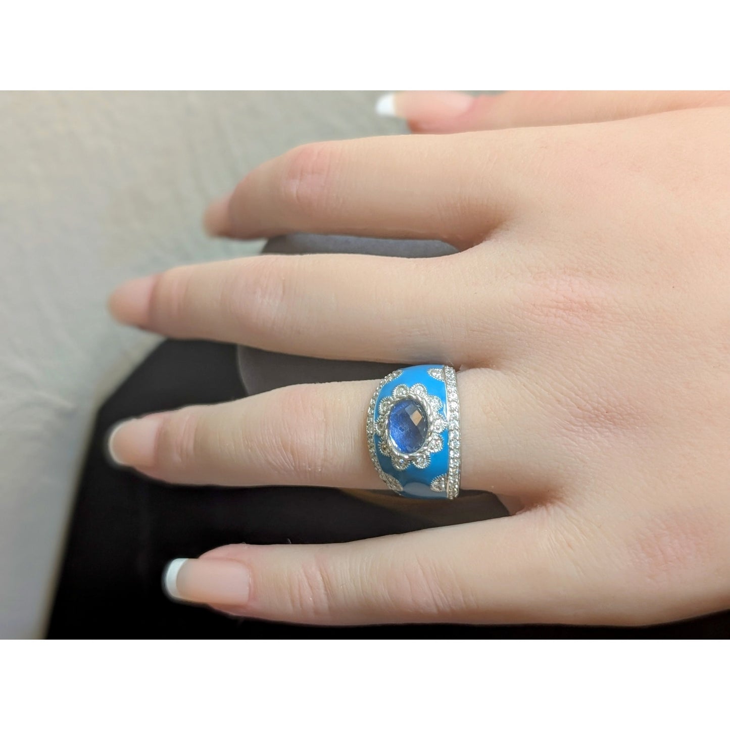 Judith Ripka Aqua Enamel Blue Spinel CZ 925 Sterling Cigar Band Ring Sz 5.75