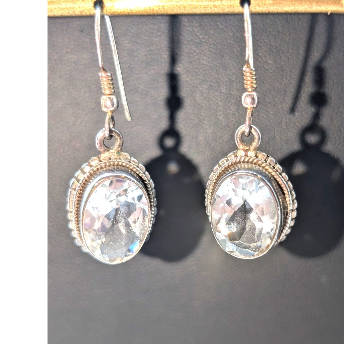 Vintage Beaded 925 Sterling Silver Bezel Set Rock Crystal Quartz Dangle Earrings