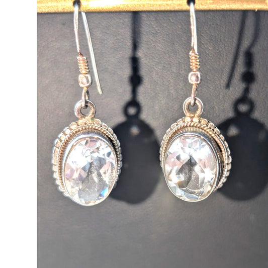 Vintage Beaded 925 Sterling Silver Bezel Set Rock Crystal Quartz Dangle Earrings