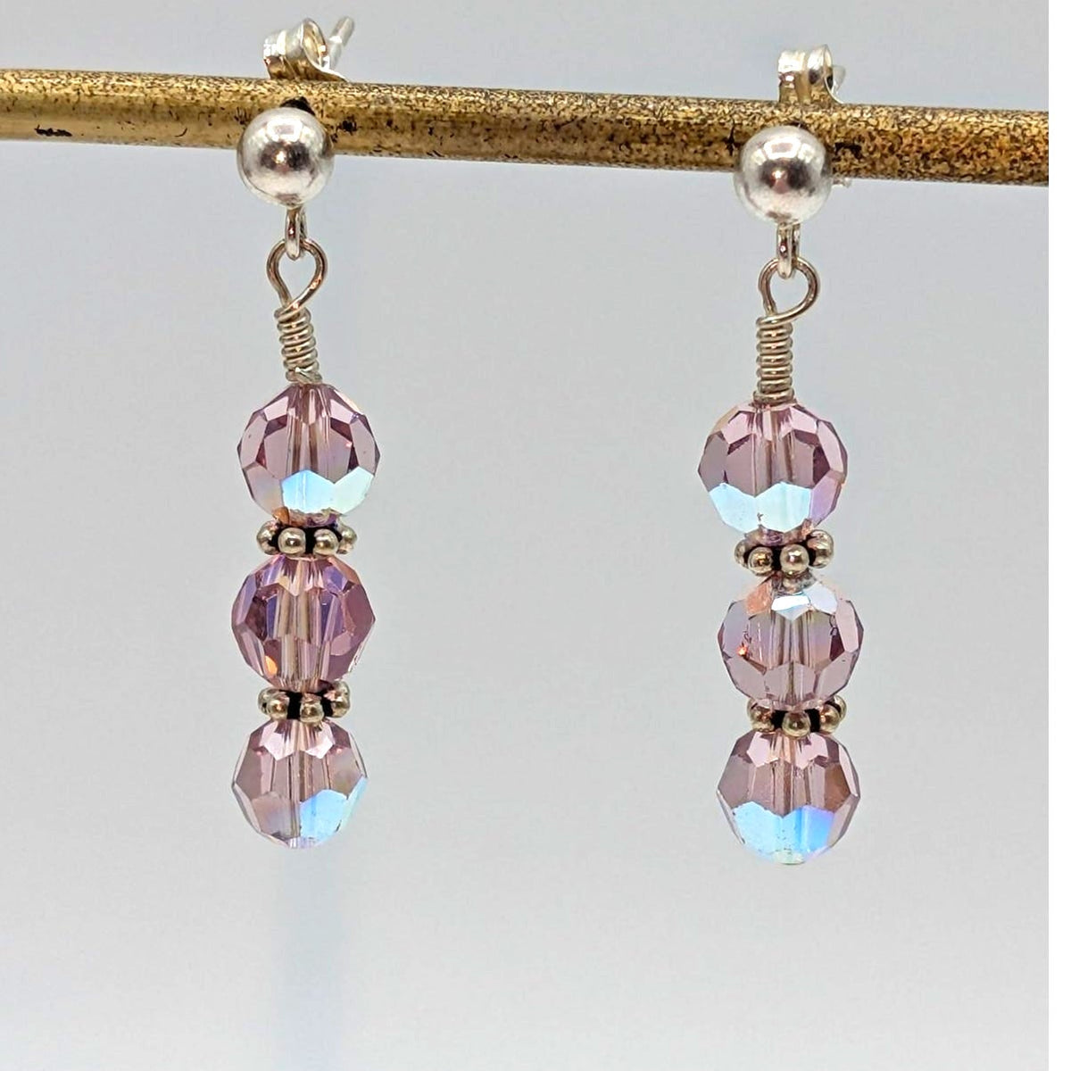 925 Sterling Silver Three Lavender AB Crystal Bead Dangle Drop Earrings