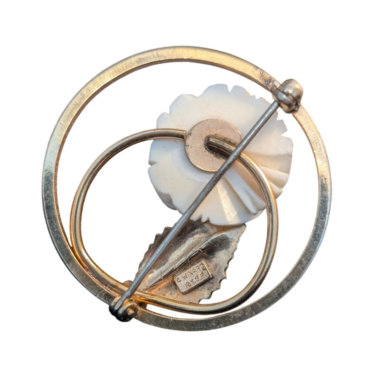 Vintage 4 Winard 12K GF White Carved Rose Flower Leaf Gold Tone Brooch