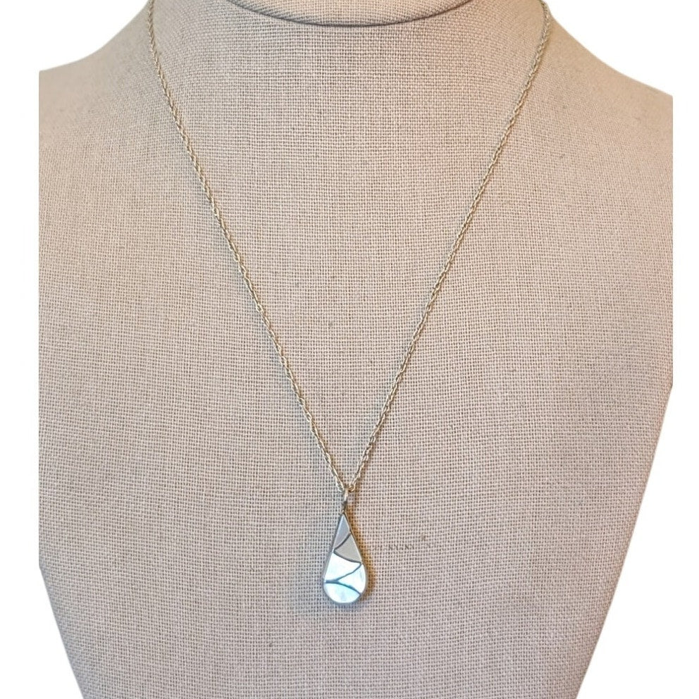 925 Silver Reversible Turquoise & Mother of Pearl Teardrop Pendant 18" Necklace