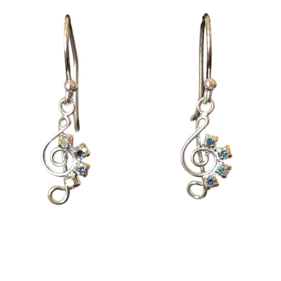 Marked 925 Sterling Treble Clef AB Crystal Dangle French Wire Earrings