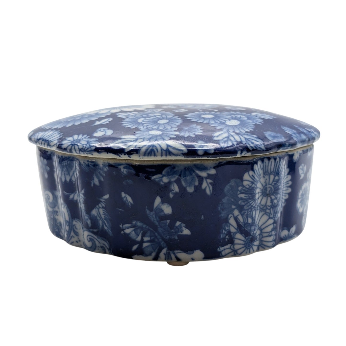 Vintage Blue & White Floral Butterfly Ceramic Trinket Box W/ Lid