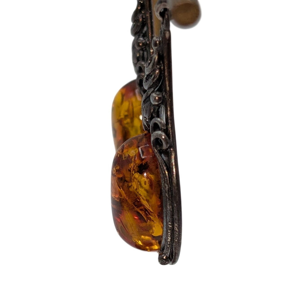 Vintage 925 Sterling Silver Leafy Vine Design Baltic Amber Dangle Drop Earrings