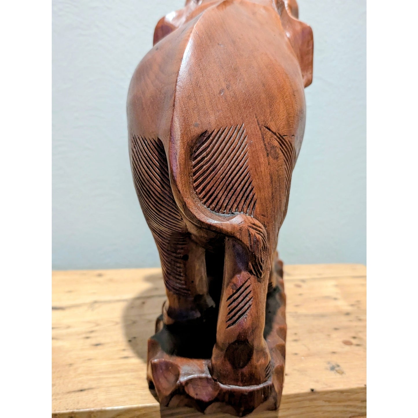 VTG Mid 20th Century Hand Carved Trunk Up Tusked Wooden Elephant Sculpture