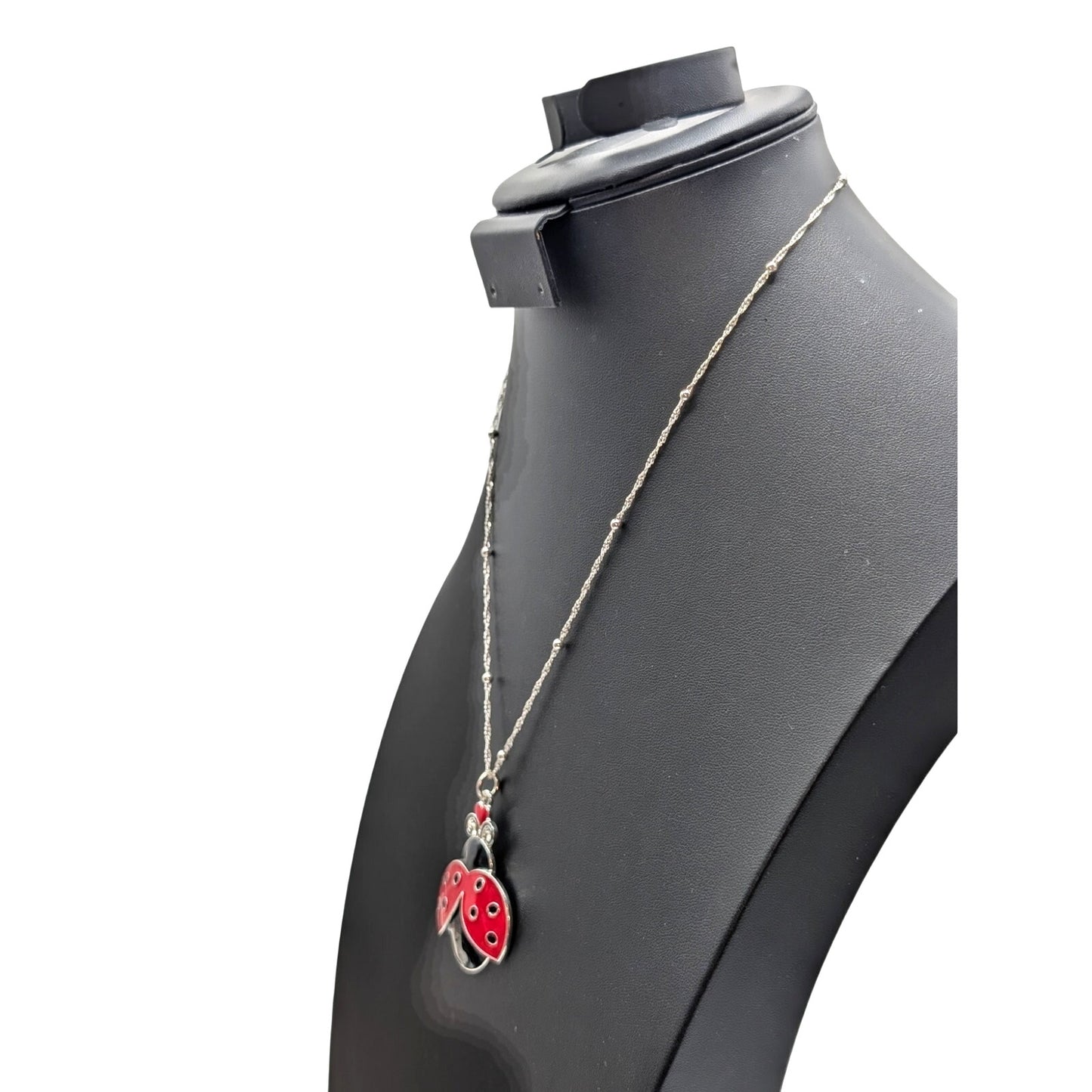 Red Black Enamel Lady Bug Pendant on 925 Italy Sterling Twisted Bead 20" Chain