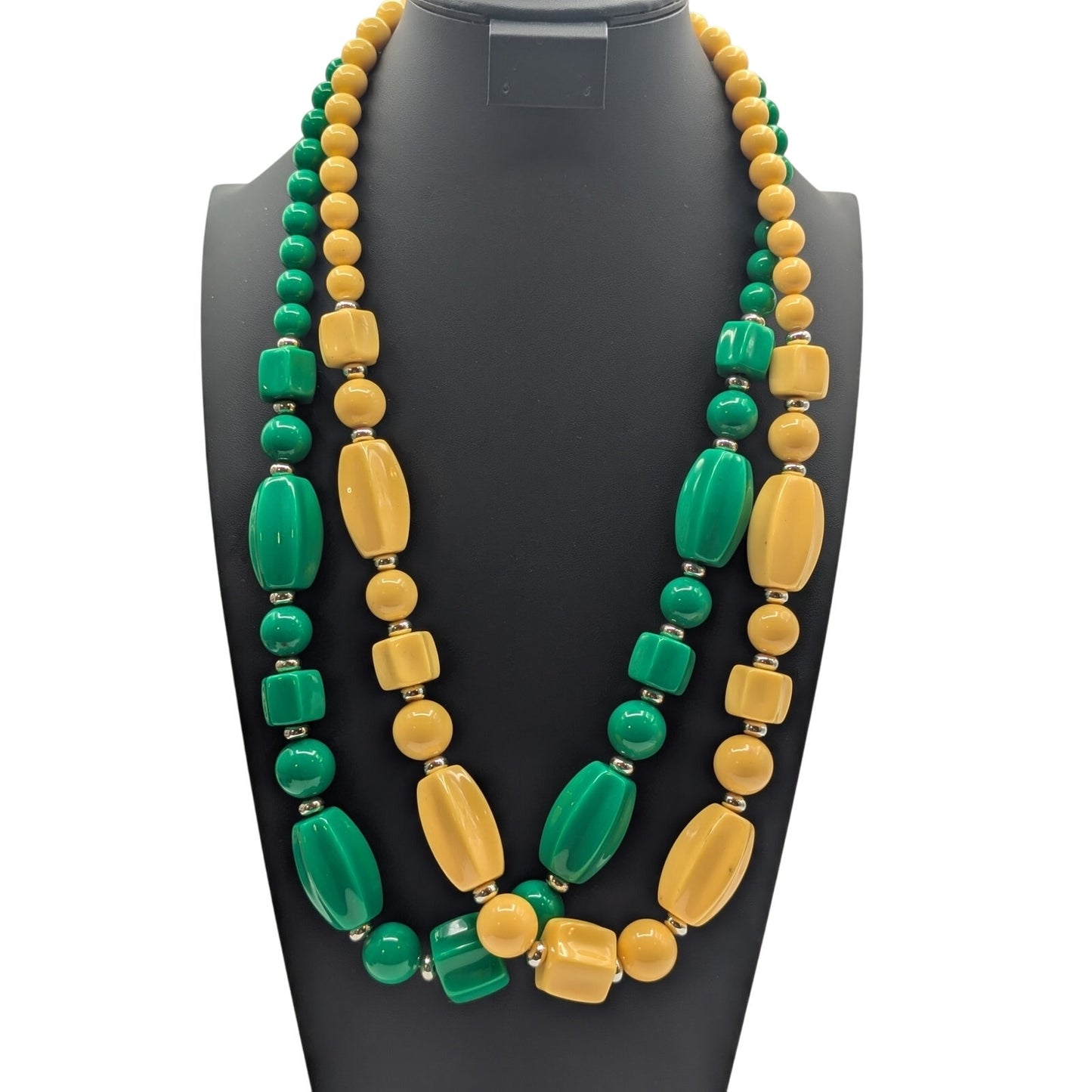 Vtg Lot of Two Green & Yellow Acrylic & Silver Tone Beaded Approx 30" Necklaces