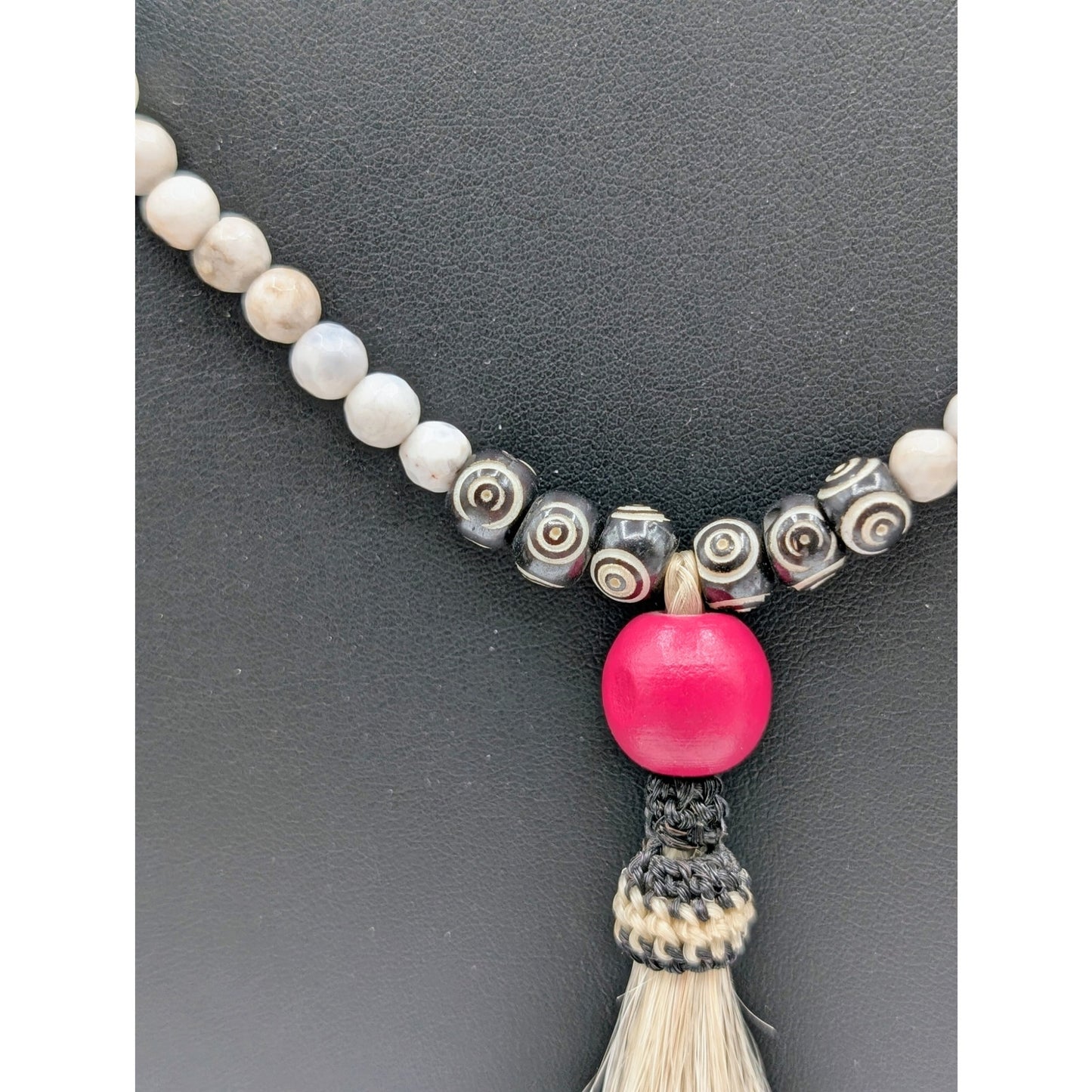 Boho Blue Pink White Black Stone Beaded Pink Tipped Tassel Long Cord Necklace