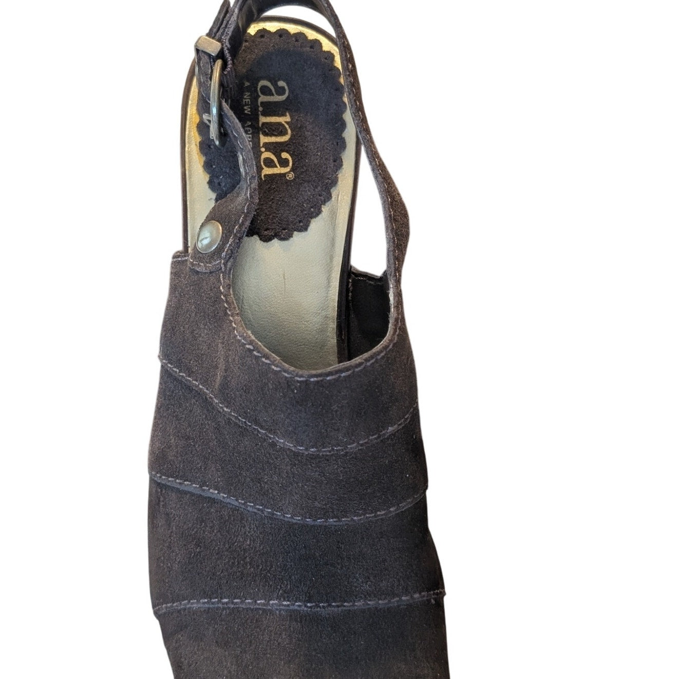 A.N.A. Brown Suede Open Toe Sling Back Chunky Heel Gunmetal Stud Sandal Sz 8.5