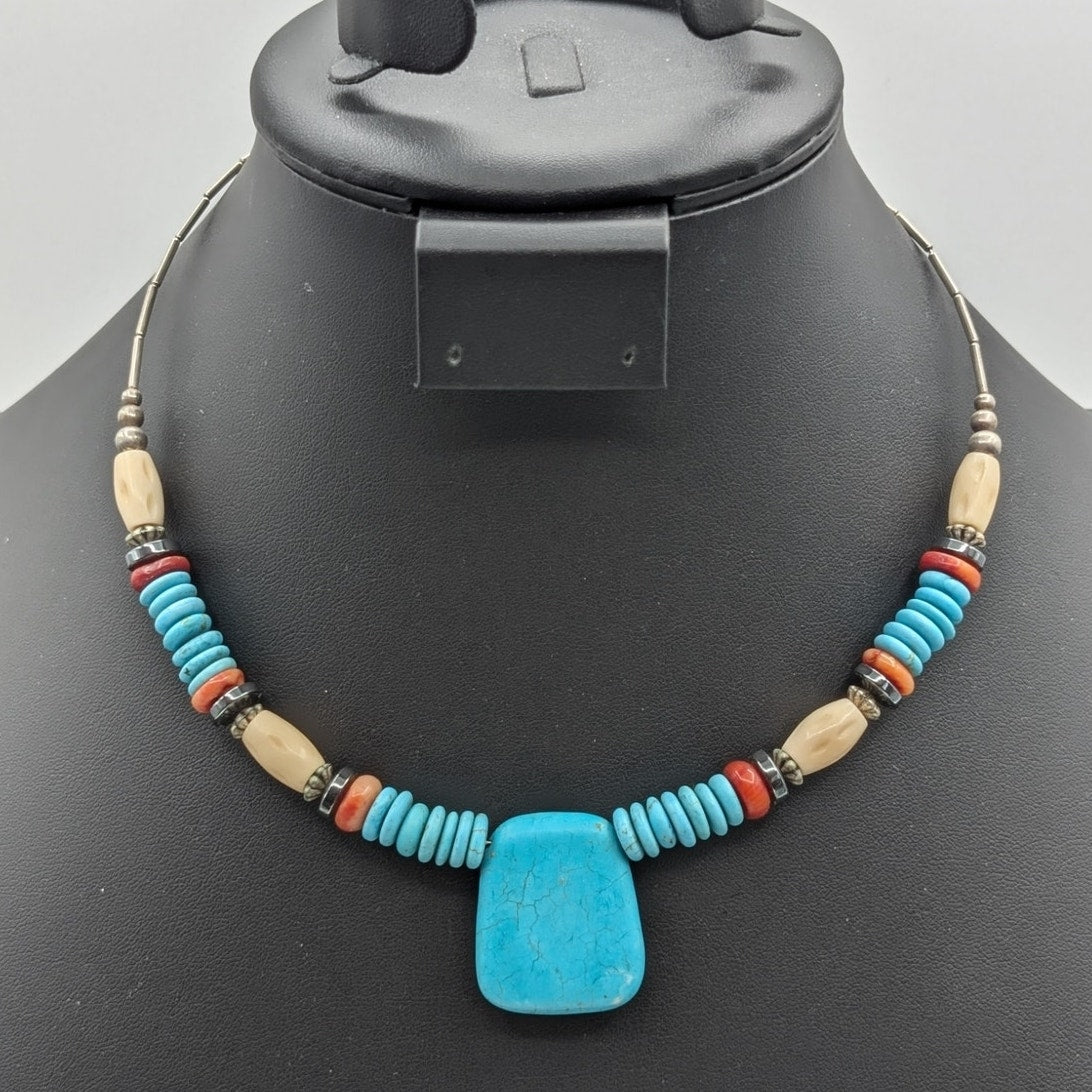 Vintage Liquid Silver Wire Southwestern Stone Beaded Necklace One Size Fits Most
