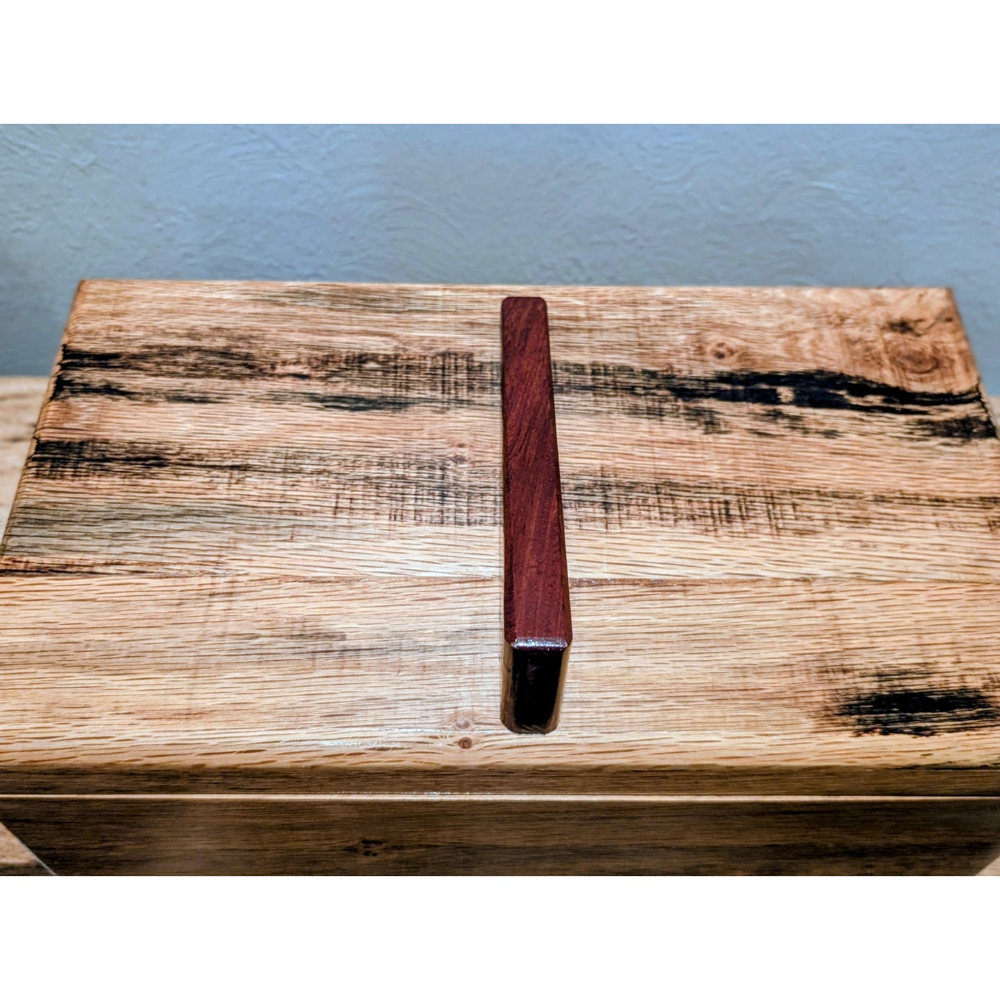 Hand Crafted Hinged Oak Box W/ Purple Heart Wood Handle Approximately 8" X 13.5"